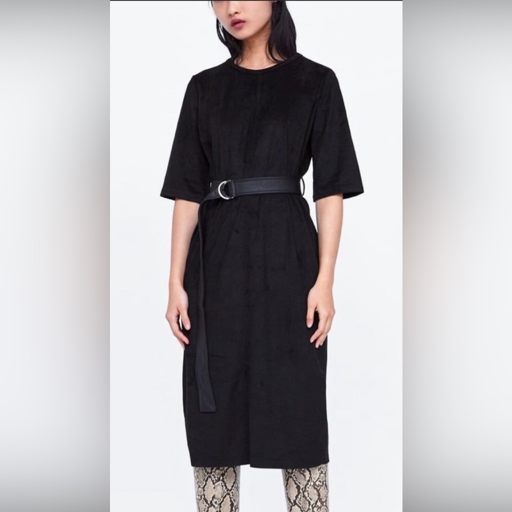 Zara Basic Black Faux Leather Suede Dress With Belt 3/4 Sleeve MIDI Knee Length